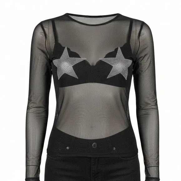 New Small Black Starry Night Sheer Jewel Long Sleeve Mesh Silver Long Sleeve Top - Picture 1 of 6